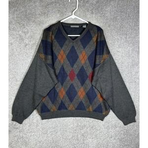 Consensus Merino Wool Blend Argyle V-Neck Pullover Sweater Mens XL Autumn‎ Italy